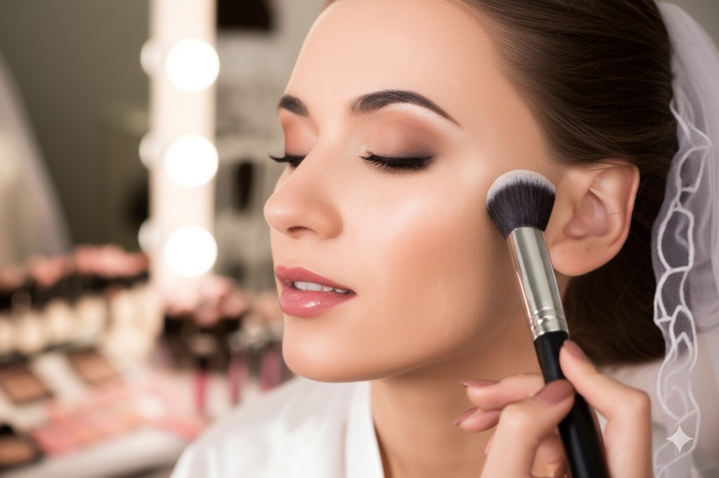 Bride contouring cheekbones and highlighting for a defined yet natural bridal look. Soft glam wedding makeup tutorial.