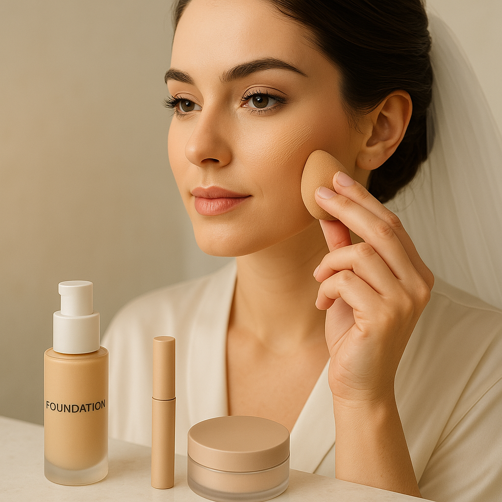 Applying long-wear foundation and concealer for a radiant, even-toned bridal look. Classic soft glam makeup base for a perfect wedding glow.