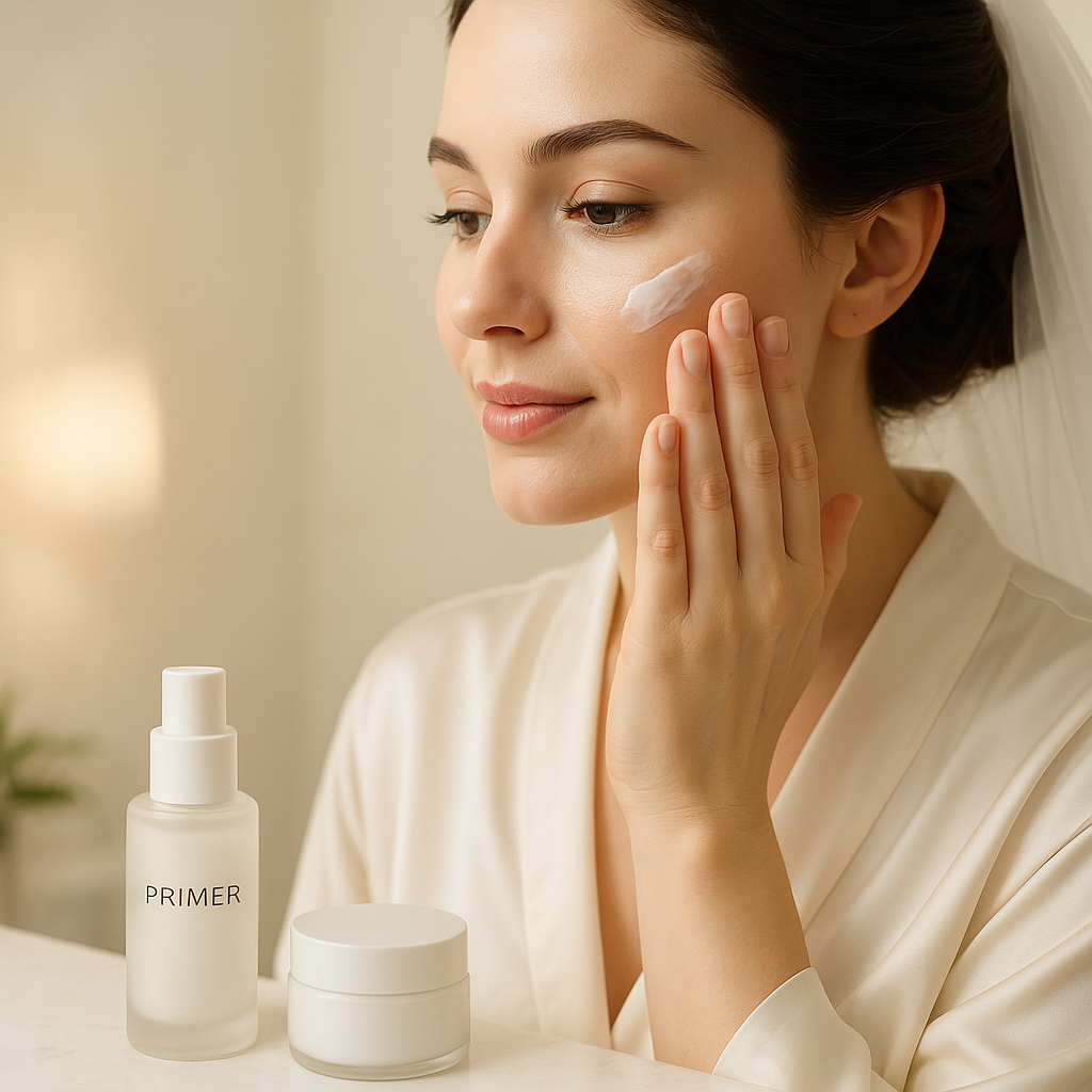 Bride applying moisturizer and primer for flawless skin prep before makeup. Essential skincare routine for soft glam bridal makeup.
