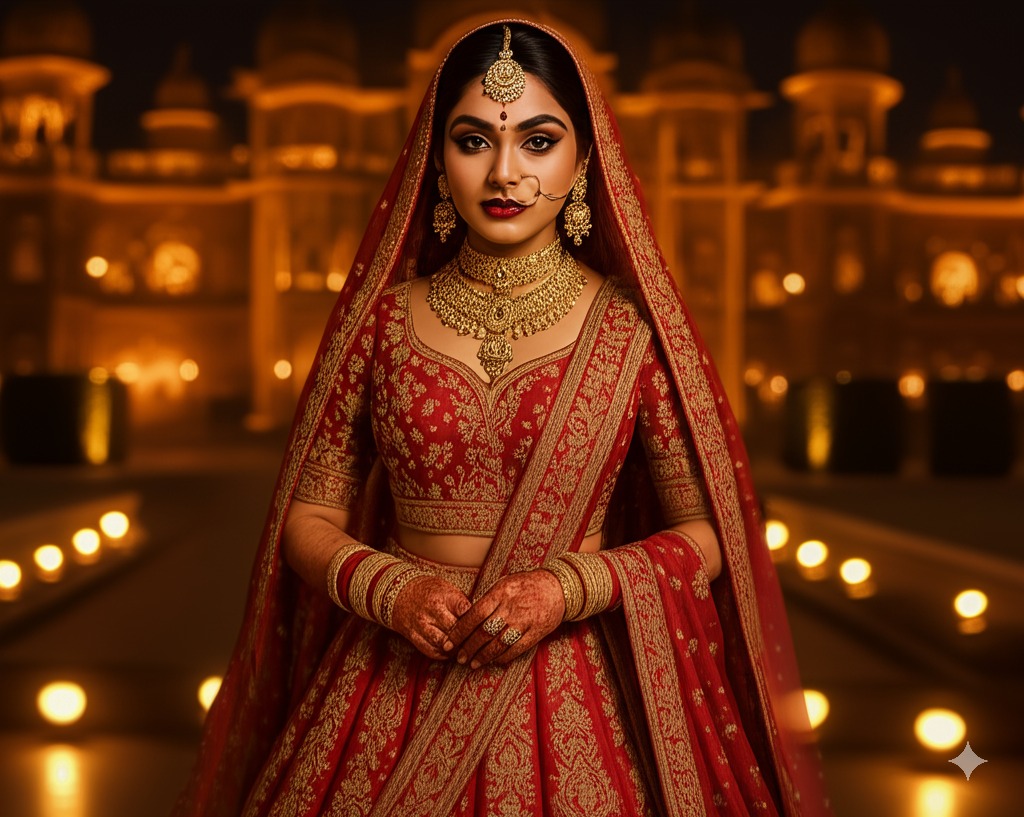 A stunning Indian bride in a traditional red and gold bridal lehenga, adorned with intricate Kundan jewelry, a maang tikka, and a heavy embroidered dupatta. Her bold kohl-lined eyes, deep red lips, and flawless makeup enhance her regal look, set against a grand palace backdrop with warm golden lighting.