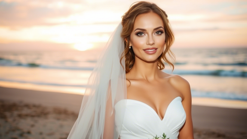 Beach bride with glowing, sun-kissed makeup, soft bronze eyeshadow, and wavy hair, standing against a sunset-lit ocean backdrop.