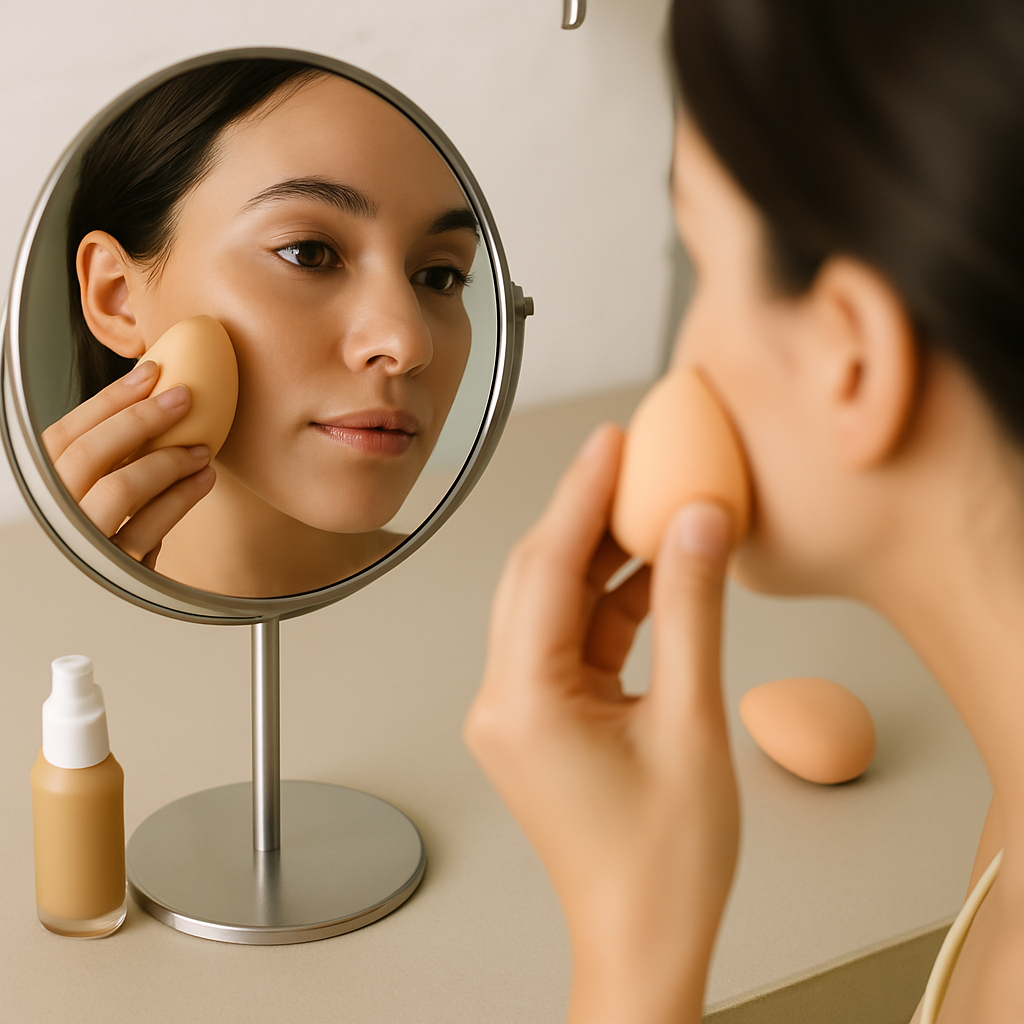 Woman applying lightweight foundation with a sponge at a makeup vanity, showcasing natural glowing skin.