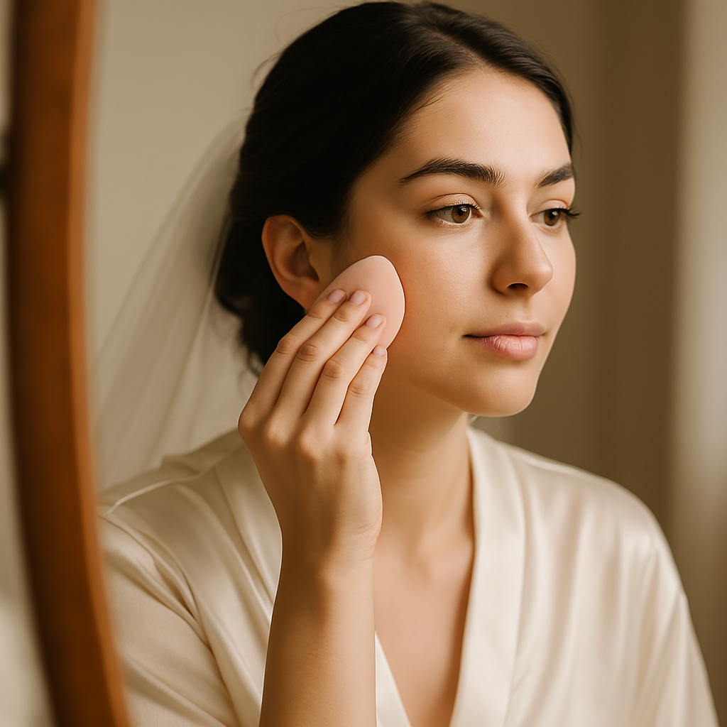 Minimalist bride applying tinted foundation for a no-makeup bridal look.