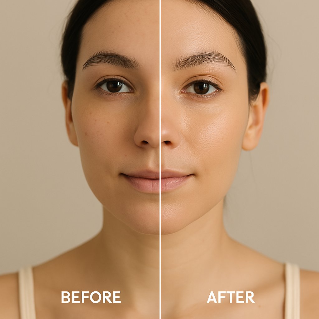 Before and after applying lightweight foundation showing skin improvement with natural finish.
