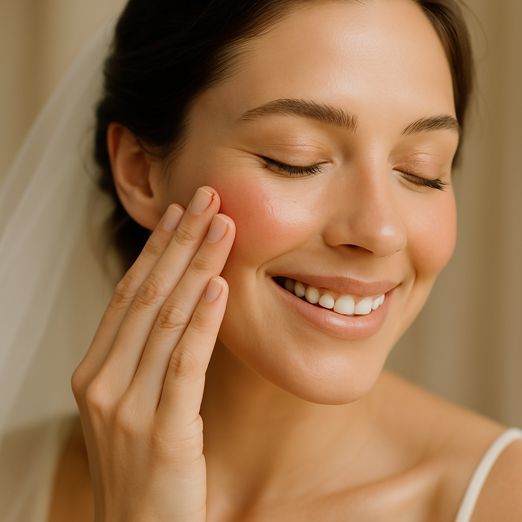 Bridal blush and highlighter being applied for a soft natural glow.