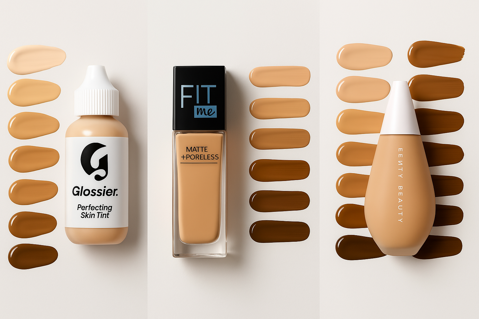 Side-by-side showcase of lightweight foundations with shade variety for different skin tones.