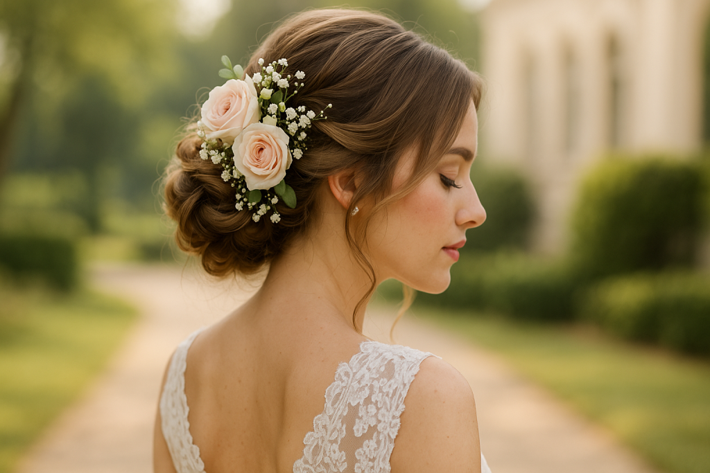 Elegant Bridal Updo with Floral Accessories