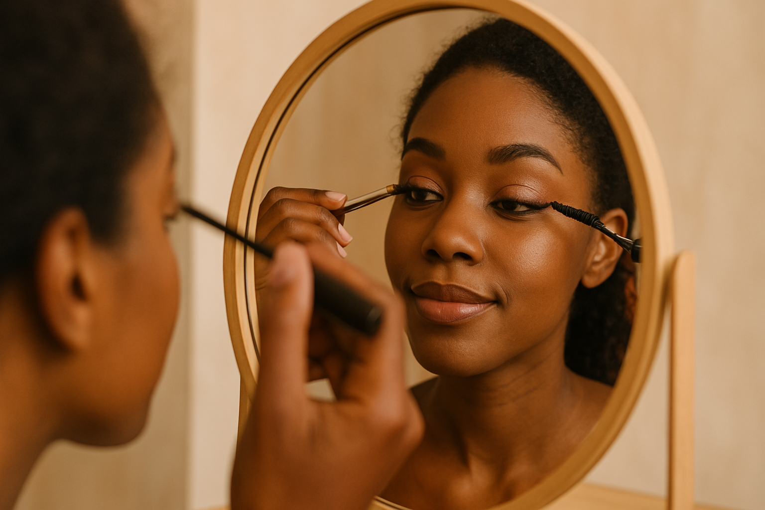 Everyday natural eye makeup with soft bronze eyeshadow and mascara on a woman with dark skin.