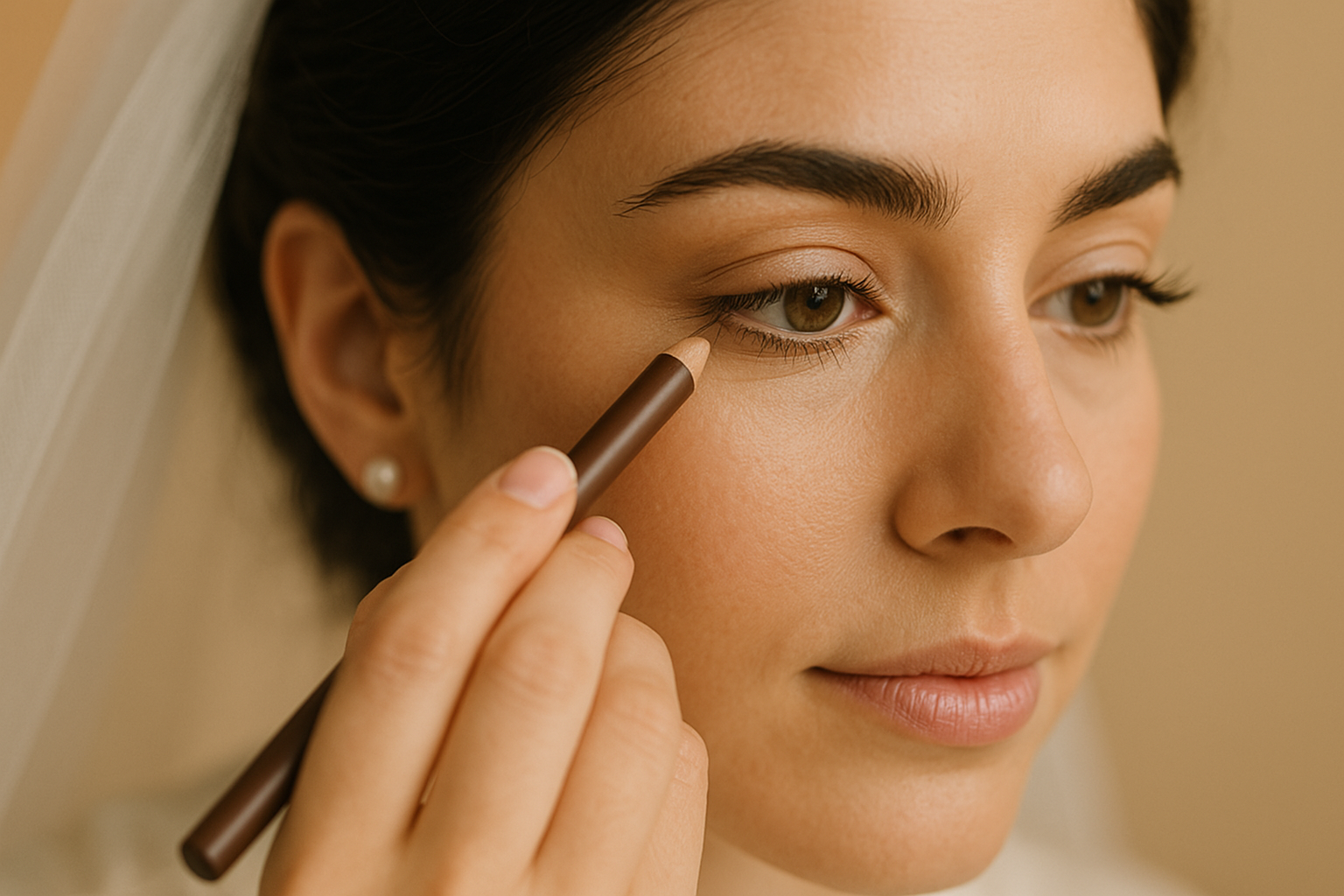 Close-up of soft eye makeup for a minimalist no-makeup bridal look.