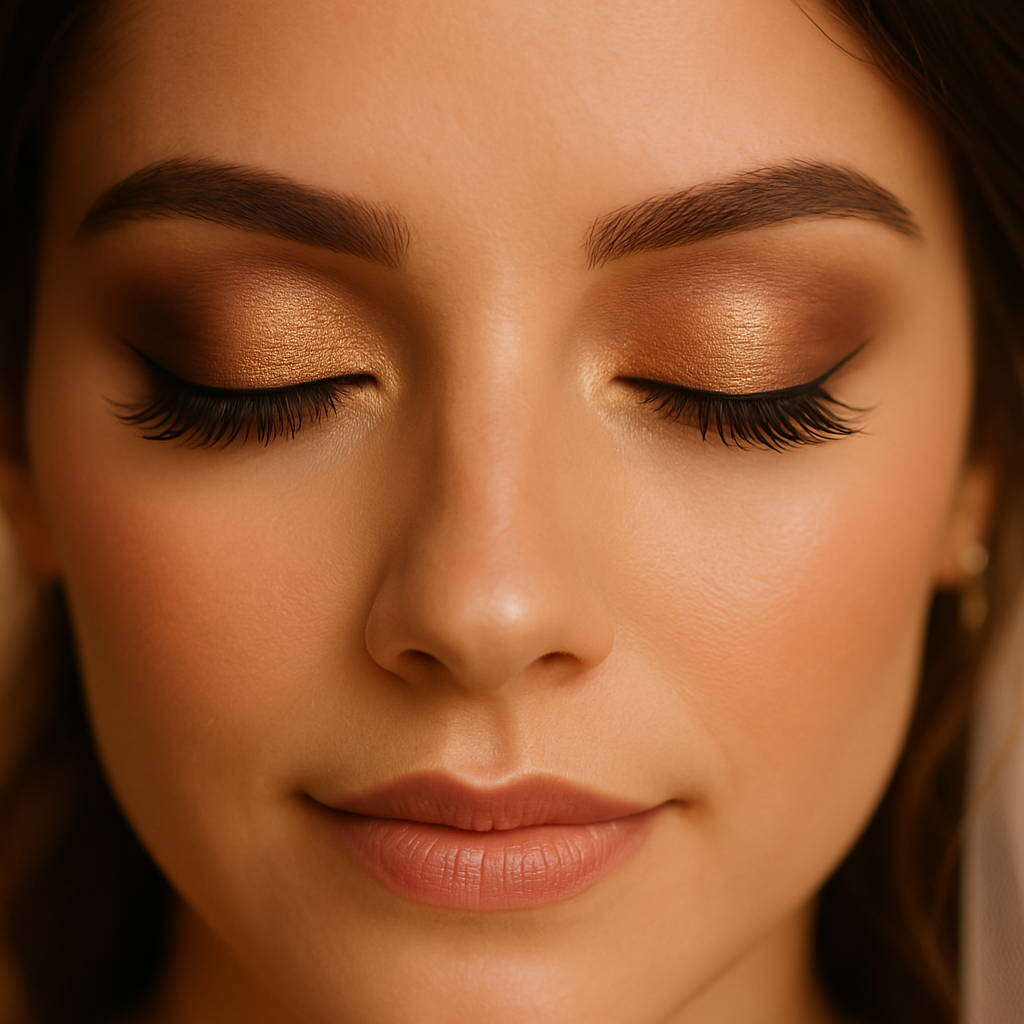 Close-up of bridal eye makeup featuring gold shimmer lids and soft brown eyeshadow.
