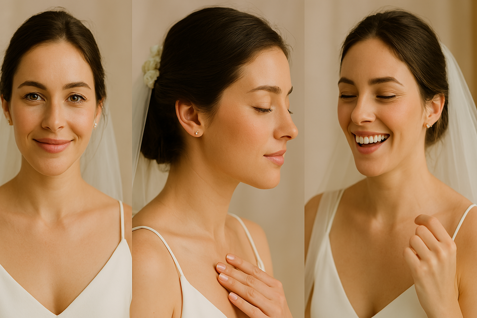 Collage of a minimalist bride showing her no-makeup look from all angles.