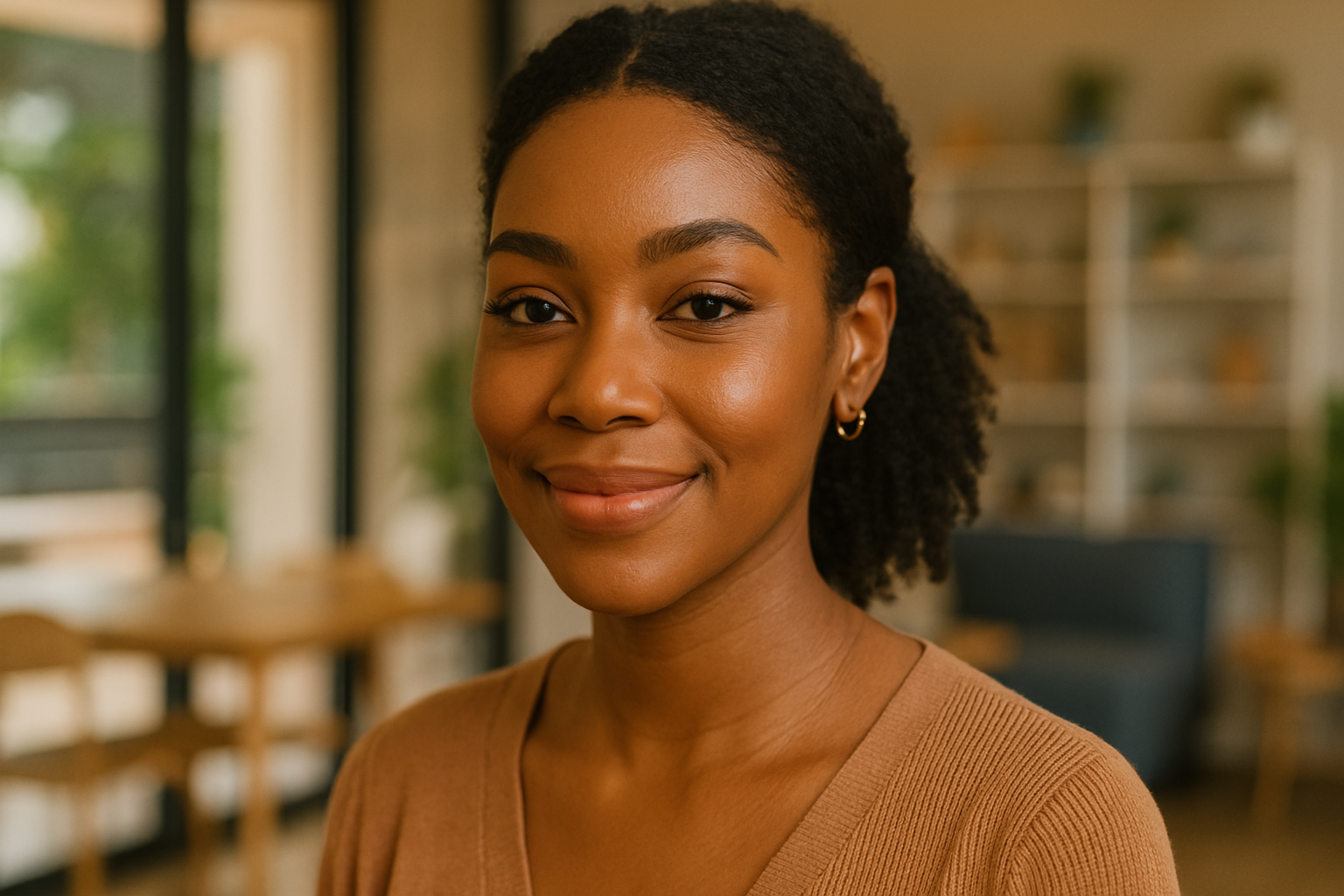 Confident woman with dark skin wearing a full everyday natural makeup look in natural light.
