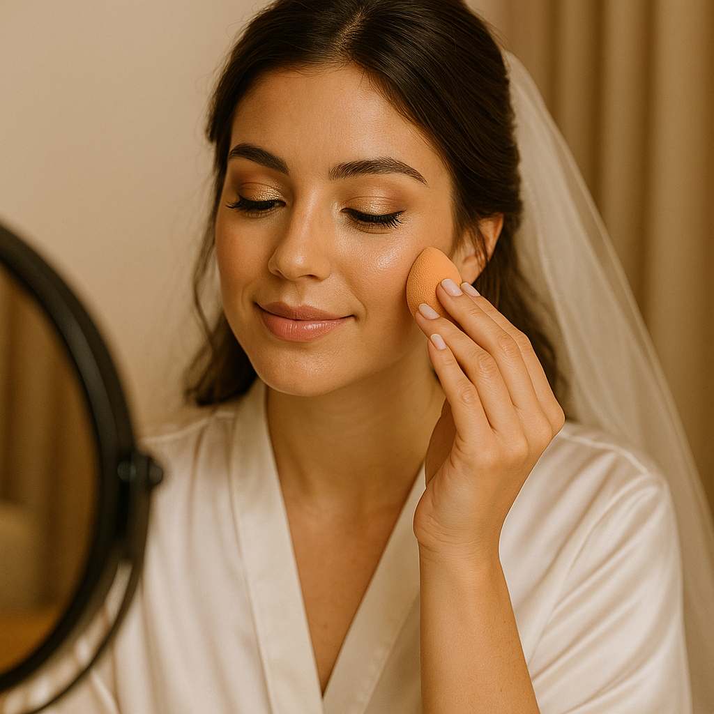 Bride applying foundation for a radiant and flawless bridal makeup base.