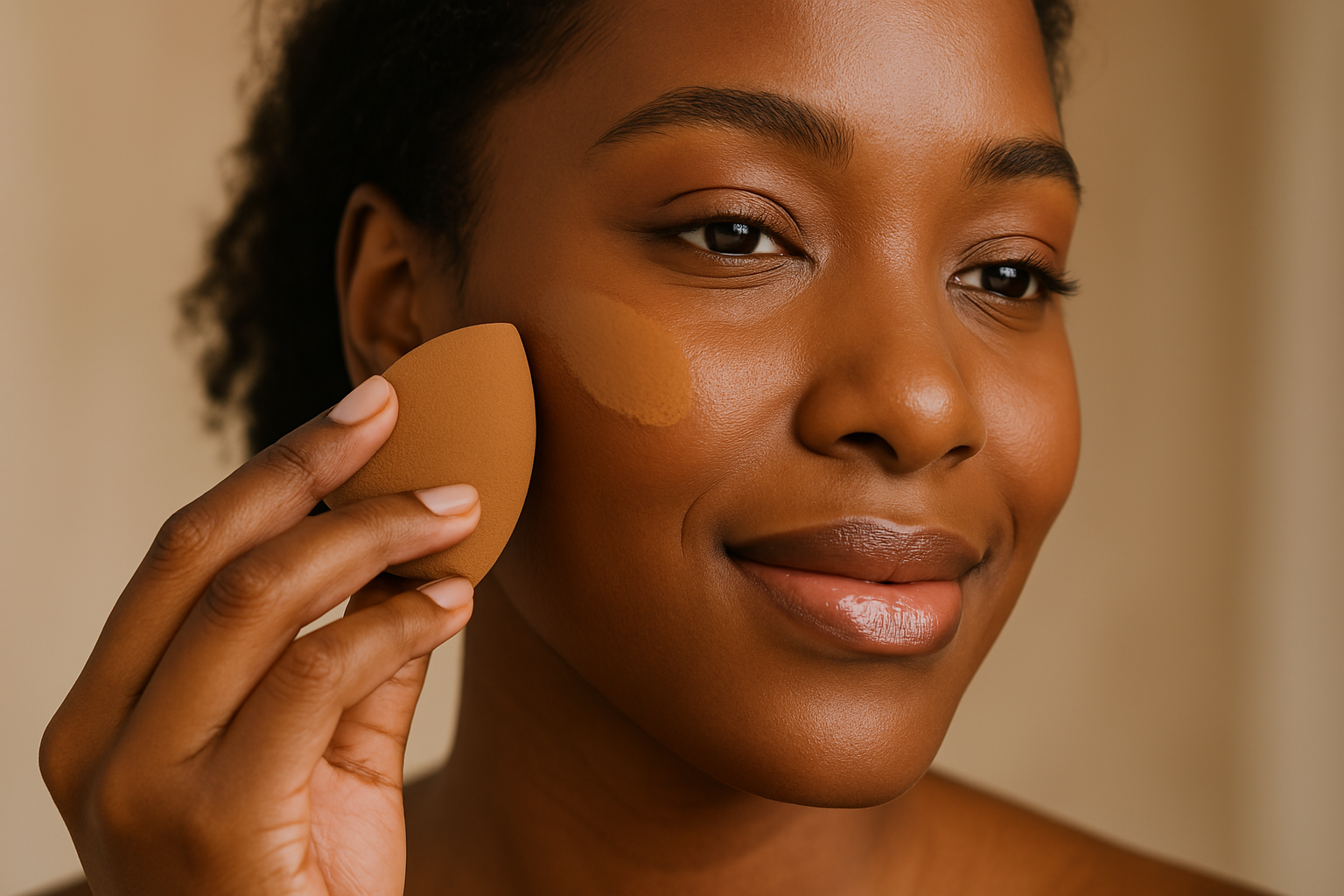 Dark-skinned woman applying foundation with a sponge, showing natural makeup application technique.