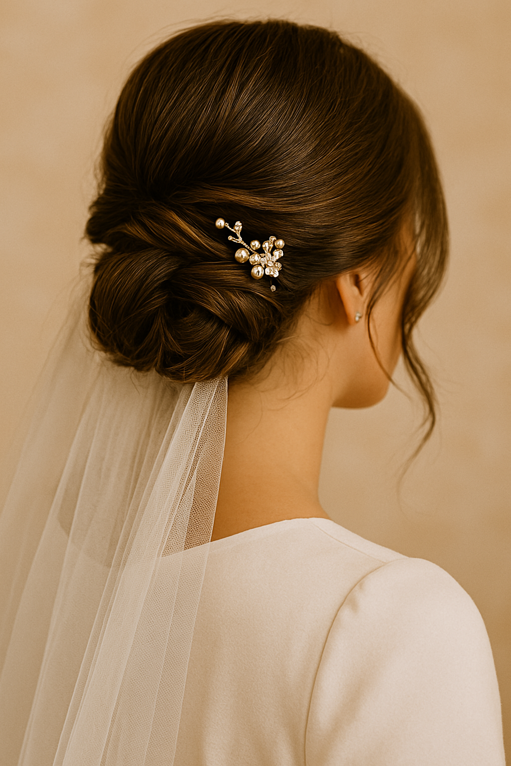 Back of bride’s hairstyle featuring soft waves and gold bridal hair accessories.