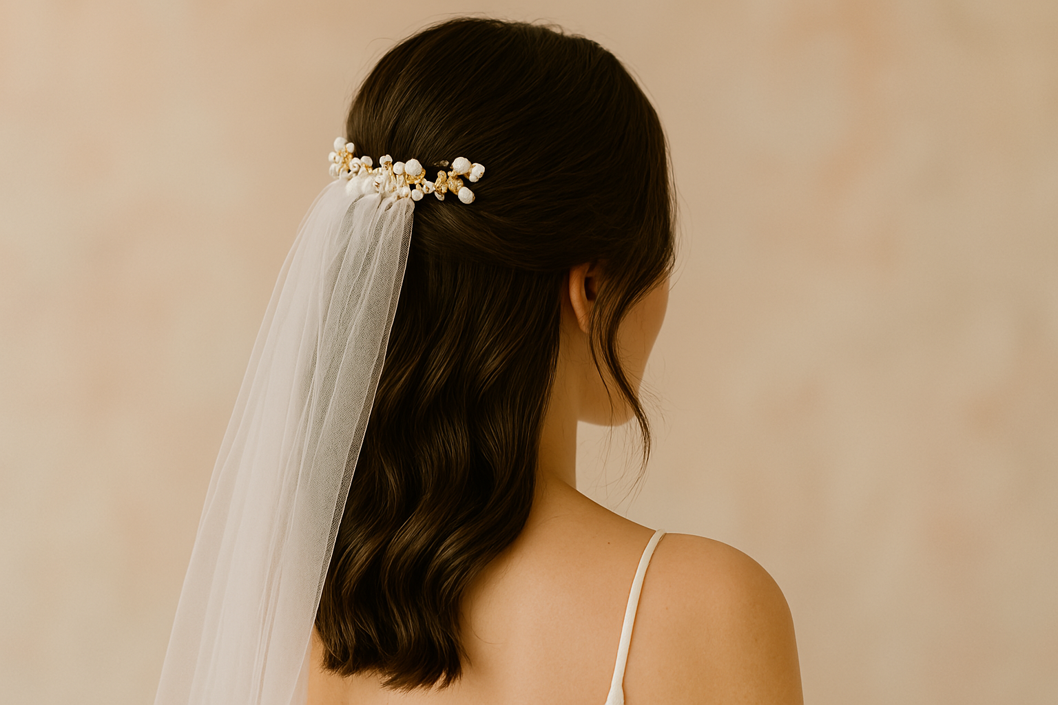 Minimalist bridal hairstyle with pearl accessories and soft waves.