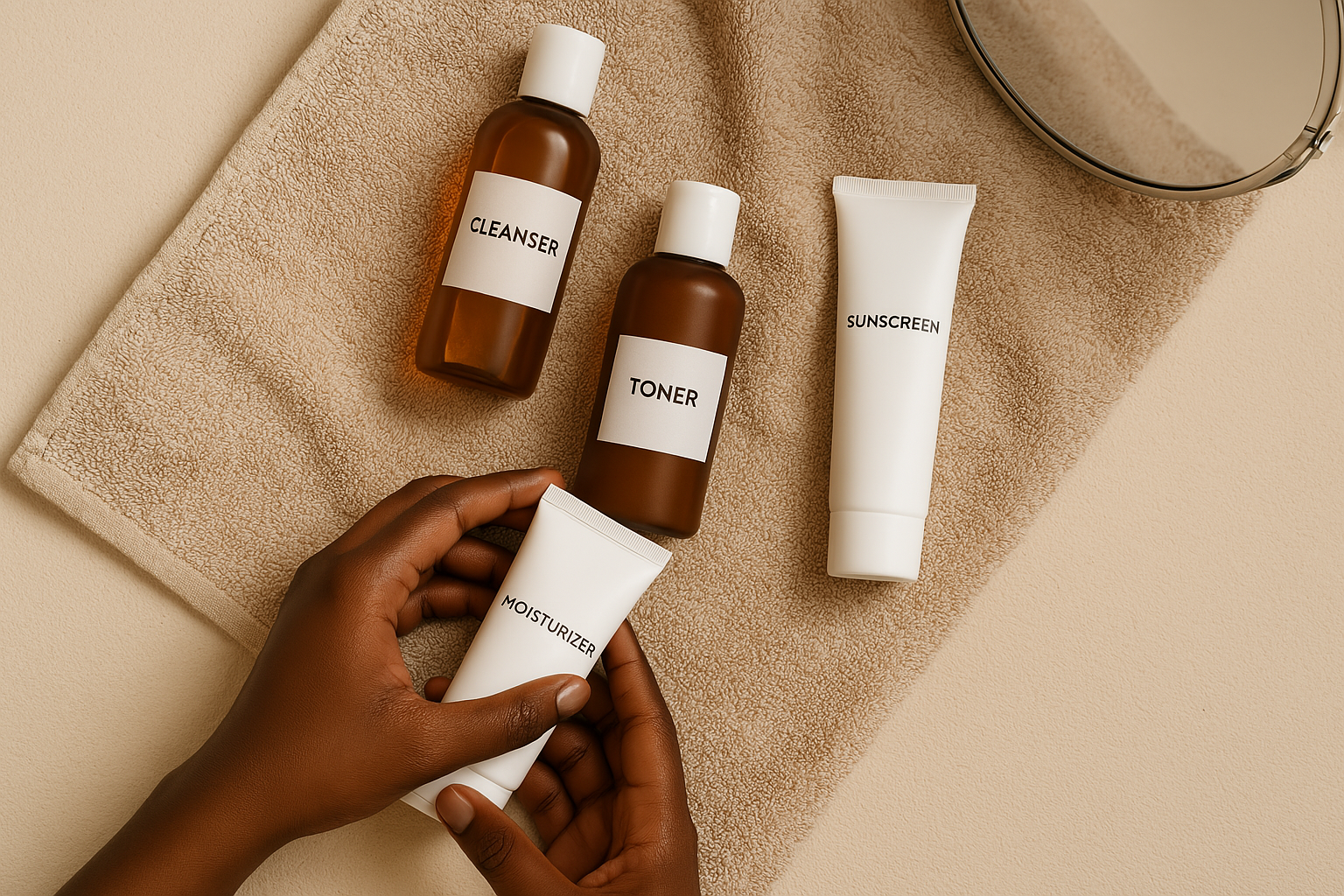 Skincare essentials including cleanser, toner, and moisturizer for prepping dark skin before makeup.