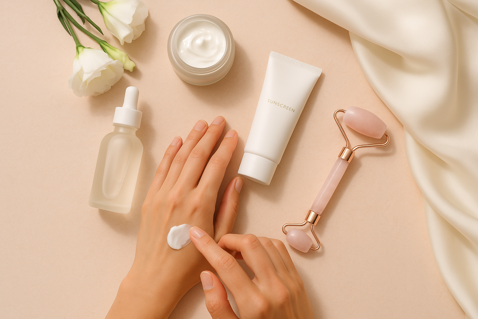 Flat lay of bridal skincare essentials for glowing wedding day prep.