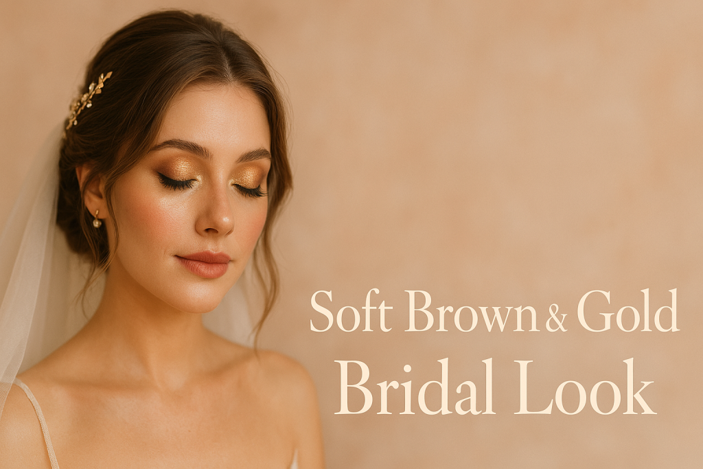 Bridal portrait featuring a soft brown and gold makeup look with glowing skin and warm nude lips.