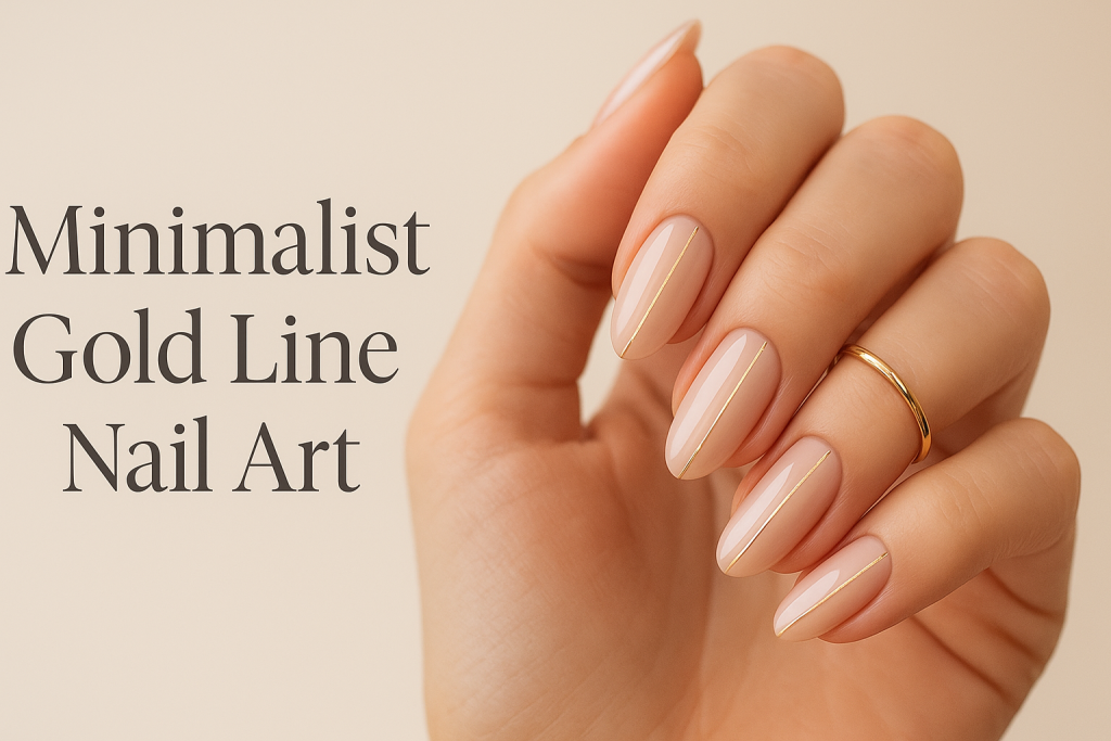 minimalist gold line nail art on nude base