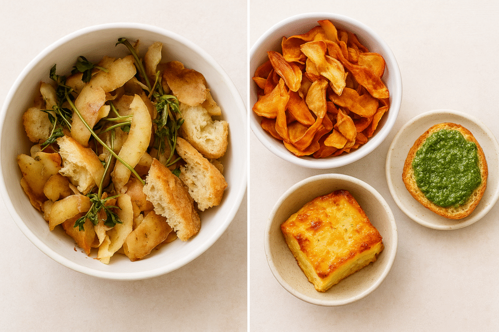 ero-waste dishes with colorful food scraps on a modern kitchen counter.