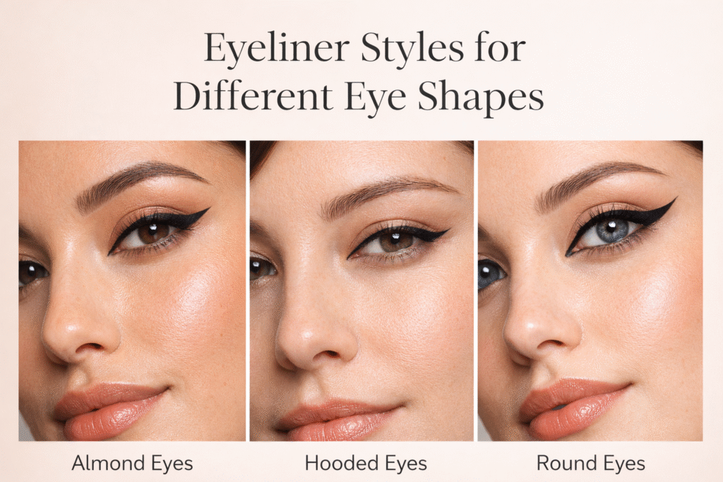 Eyeliner styles for different eye shapes showing winged and thin eyeliner looks on real models