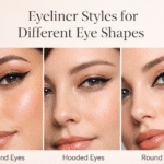 Eyeliner styles for different eye shapes showing winged and thin eyeliner looks on real models