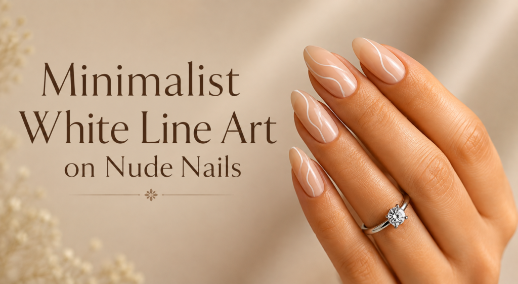 Minimalist white line art on nude almond-shaped nails featuring elegant abstract white curves on a glossy nude manicure.