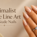 Minimalist white line art on nude almond-shaped nails featuring elegant abstract white curves on a glossy nude manicure.