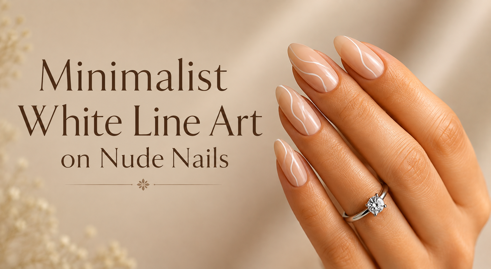 Minimalist white line art on nude almond-shaped nails featuring elegant abstract white curves on a glossy nude manicure.